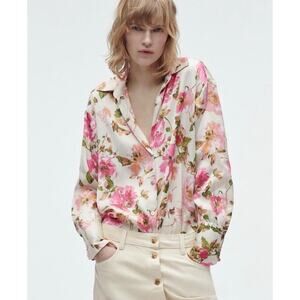 Zara Satin Effect Pink Floral button-down long sleeve Shirt-small